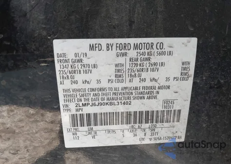 2019 Lincoln Nautilus Standard из США, поврежденный, VIN 2LMPJ6J90KBL31402